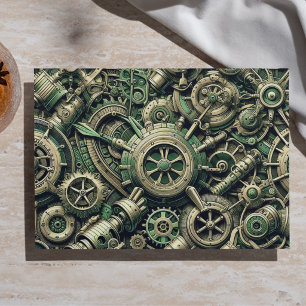 Papier Mousseline Engrenages industriels verts Steampunk