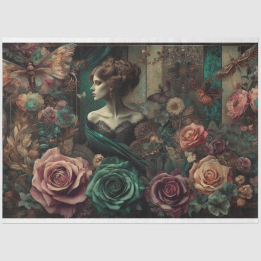 Papier Mousseline Ephemera Dame victorienne, Roses, Découpage Floral (Recto)