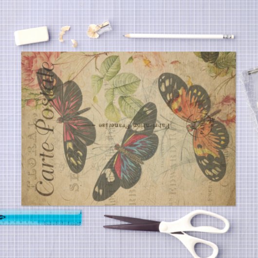 Papier Mousseline Ephemera French Postcard Butterflies Decoupage (Artisanat)