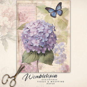 Papier Mousseline Ephémère de découpage vintage Hydrangea & Papillon