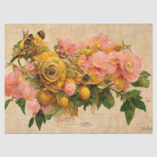 Papier Mousseline Ephémère de roses vintages roses et jaunes Découpa