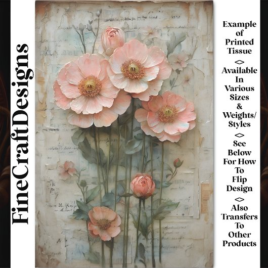 Papier Mousseline Ephémère florale chic Shabby Peach BP7A Decoupage