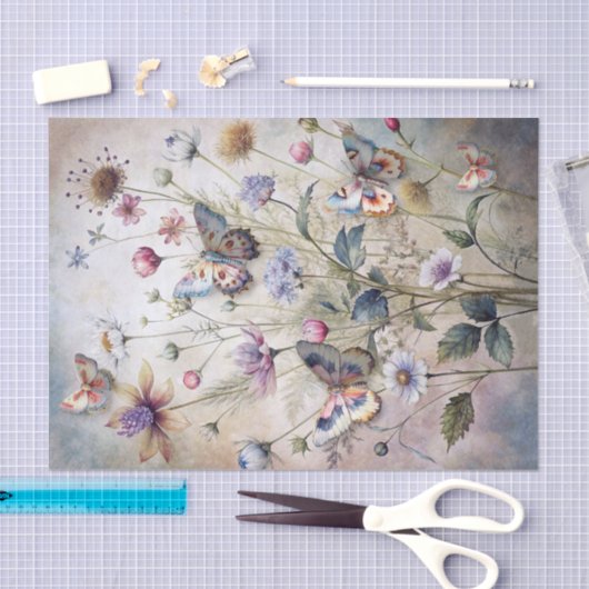 Papier Mousseline Ethereal Pastel Botanical Flower & Butterflies (Artisanat)