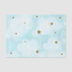 Papier Mousseline Étoiles Dorées et Nuages de Ciel Bleu Fête de Bébé