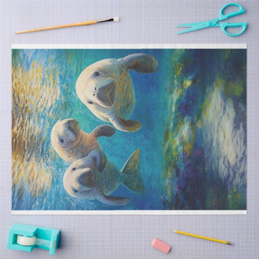 Papier Mousseline Famille Manatee Vue Océan (Artisanat)