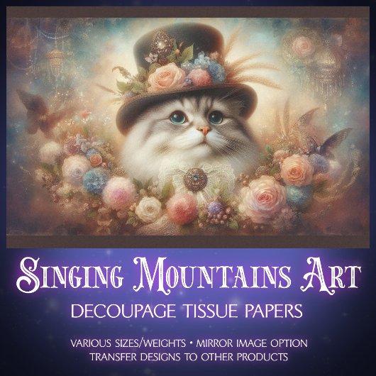 Papier Mousseline Fancy Cat in Victorian Hat Floral Decoupage