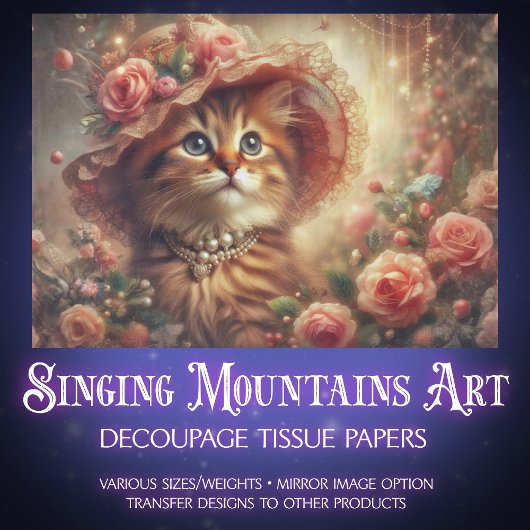 Papier Mousseline Fancy Pink Floral Shabby Chic Cat Decoupage