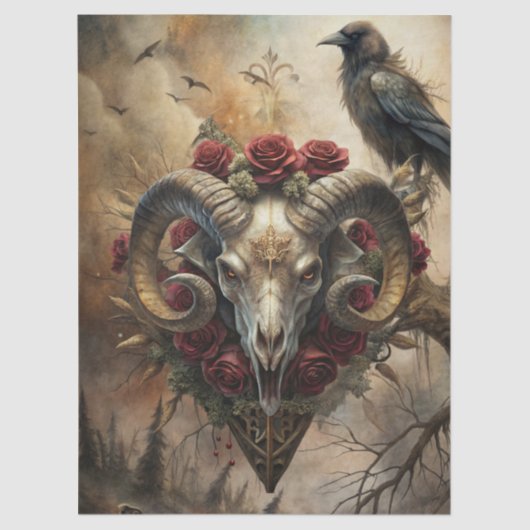 Papier Mousseline Fantaisie gothique Crâne de bélier & corbeau (Recto)