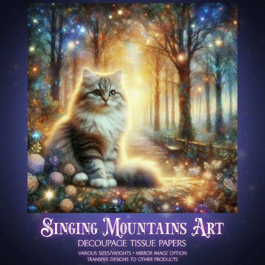 Papier Mousseline Fantasy Cat in a Floral Woodland Garden Decoupage