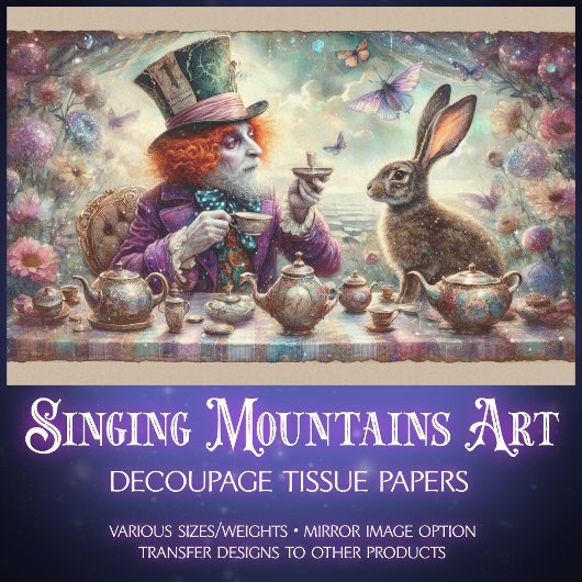 Papier Mousseline Fantasy Tea Party Wonderland Hatter Hare Decoupage