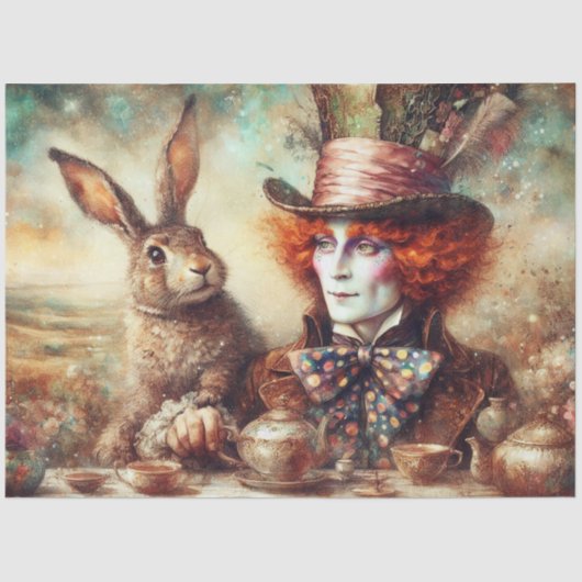 Papier Mousseline Fantasy Wonderland Hatter Hare Tea Time Decoupage (Recto)