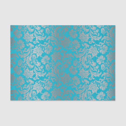 Papier Mousseline Faux Argent Floral Damques Arrière - plan bleu (Recto)