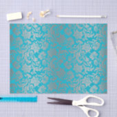 Papier Mousseline Faux Argent Floral Damques Arrière - plan bleu (Artisanat)