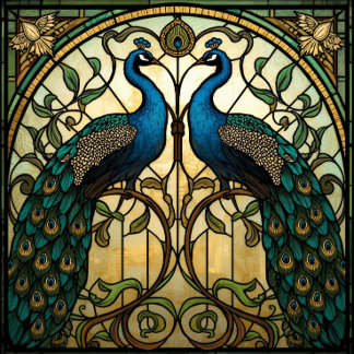 Papier Mousseline Faux Stained Glass Twin Mirrored Peacocks