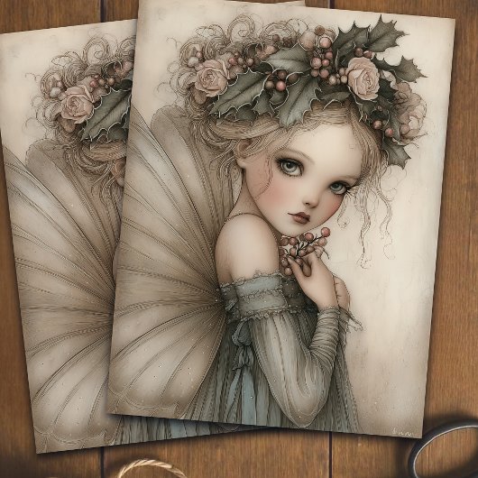 Papier Mousseline Fée de Noël Whimsical Holly & Berry Decoupage