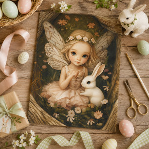Papier Mousseline Fée enchantée avec fille lapin Bois vintage
