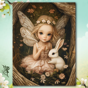 Papier Mousseline Fée enchantée fille avec Bunny Vintage Woodland