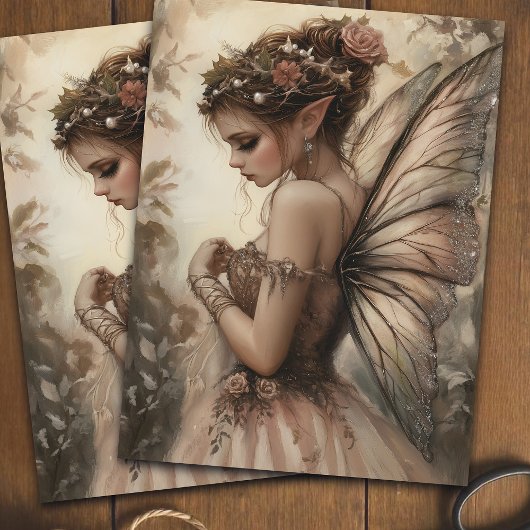 Papier Mousseline Fée Whimsical avec Roses Rose Découpage Art