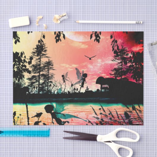 Papier Mousseline Fées et oiseaux mignons (Artisanat)