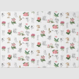Papier Mousseline Fées Rose Floral & Champignons Motif de fées