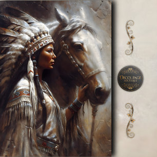 Papier Mousseline Femme Autochtone & Coiffe de Cheval Blanc Découpag