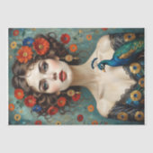 Papier Mousseline Femme avec paon et fleurs rouges dans Art Nouveau (Recto)