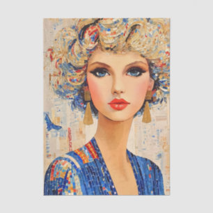 Papier Mousseline Femme blonde en robe Mosaïque bleue EC7R Découpage