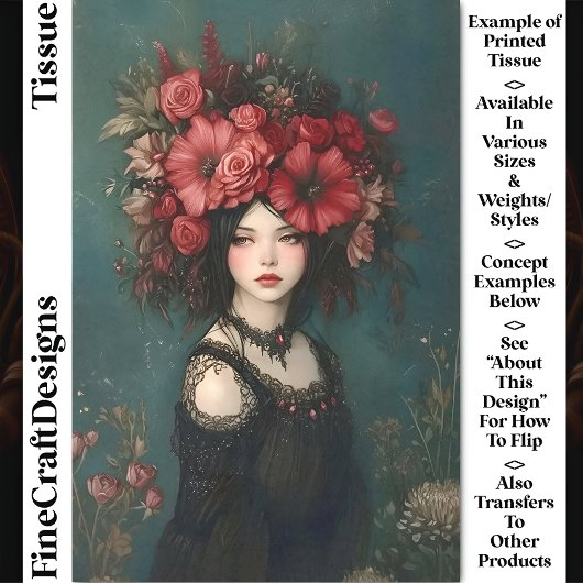 Papier Mousseline Femme gothique chic, Fleurs rouges Couronne CP5 Dé