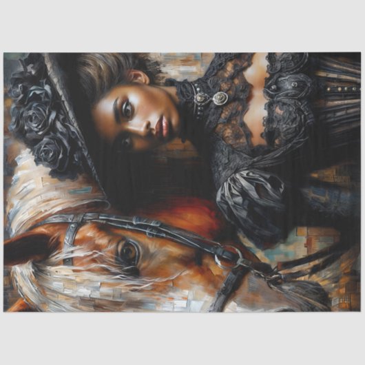 Papier Mousseline Femme noire victorienne avec cheval (Recto)