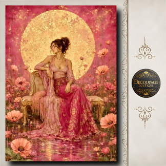 Papier Mousseline Femme Robe Rose Fleurs Lune Dorée Découpage