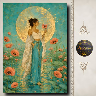 Papier Mousseline Femme Robe Sarcelle Coquelicots Roses Lune Dorée
