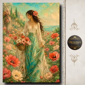 Papier Mousseline Femme Robe Sarcelle Panier Fleur de Pavot Découpag