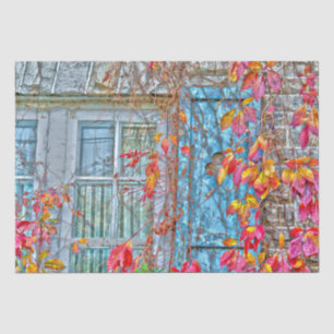Papier Mousseline Fenêtre Pays Antique Bleu Rouge à feuilles d'autom