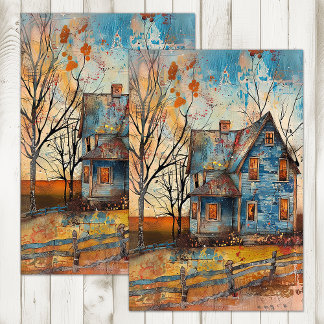 PAPIER MOUSSELINE FERME BLEUE SHABBY DANS DÉCOUPAGE D'AUTOMNE