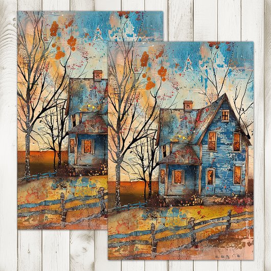 PAPIER MOUSSELINE FERME BLEUE SHABBY DANS DÉCOUPAGE D'AUTOMNE
