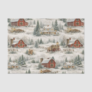 Papier Mousseline Ferme rustique enneigée, motif hivernal