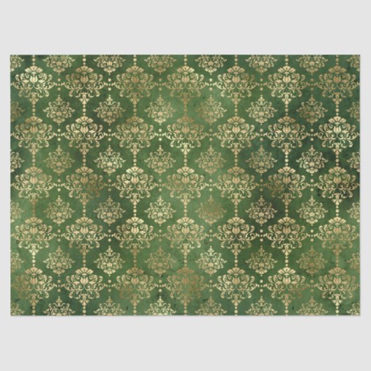Papier Mousseline Festive Green & Gold Foil hiver Noël Damas (Recto)