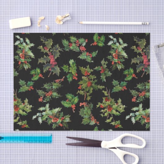 Papier Mousseline Festive Holly Arrière - plan noir (Artisanat)
