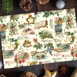 Papier Mousseline Festive Vintage Noël Voeux Collage-Ecru<br><div class="desc">Festif,  amusant et unique motif sans couture de vacances avec des salutations Joyeuses vintages en écriture décorative avec des ornements floraux traditionnels,  y compris les saints,  rubans,  anges,  vignettes de paysage hivernal,  oiseaux et baies rouges. Écru arrière - plan.</div>