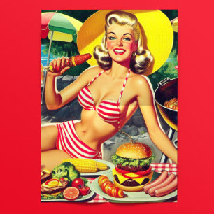 Papier Mousseline Fête au bord de la piscine barbecue rétro Pinup