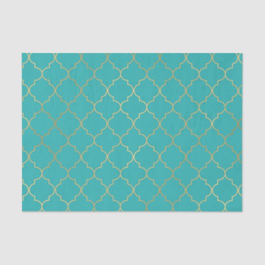 Papier Mousseline Fête de motif quatrefeuilles sarcelle et or (Recto)