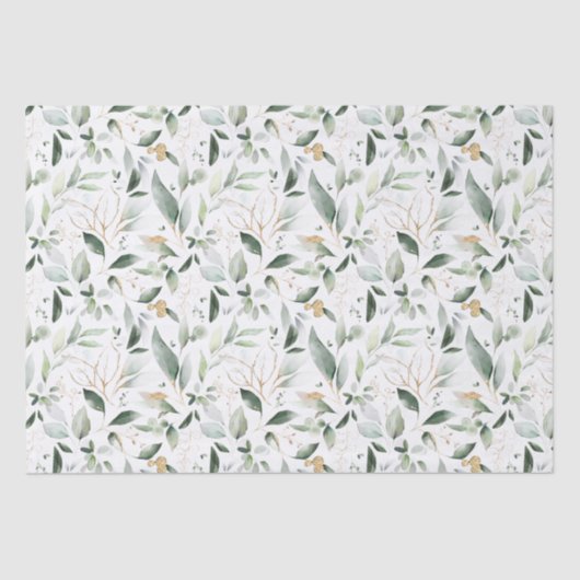 Papier Mousseline Feuillage Vert Feuilles Dorées (Recto)