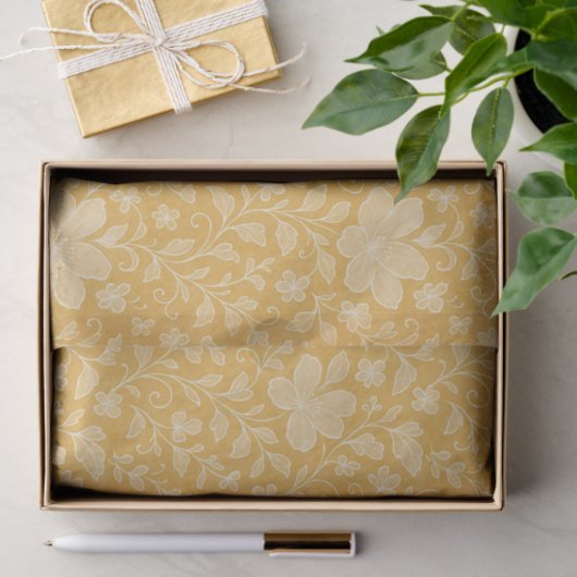 Papier Mousseline Feuille Classique Floral Art Motif Sur Ochre Jaune (Cadeau)