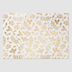 Papier Mousseline Feuille d'or et houx blanc Noël d'hiver