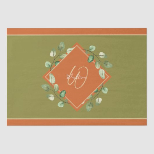 Papier Mousseline Feuilles automnales orange et vert monogramme (Recto)