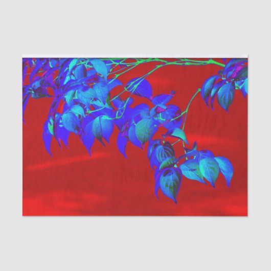 Papier Mousseline Feuilles bleu ciel rouge (Recto)