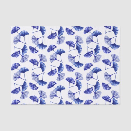 Papier Mousseline Feuilles de gingko bleu et blanc (Recto)