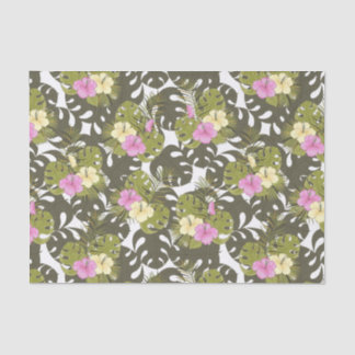 Papier Mousseline Feuilles de jungle tropicale et motif d'hibiscus