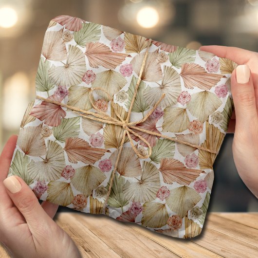 Papier Mousseline Feuilles de palmier et roses à l'aquarelle