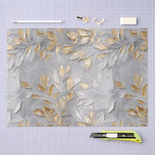 Papier Mousseline Feuilles d'or gris argent (Artisanat)